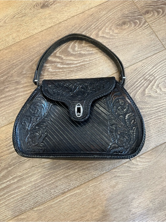 Handbags - Vintage Black Tooled Leather Shoulder Bag with adjustable strap